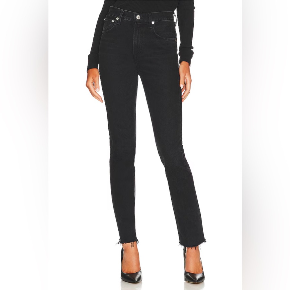 AGOLDE Cherie High Rise Straight Jeans in Spatial Raw Hem Black Wash Denim sz 32